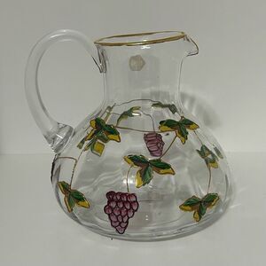 Vtg Handcrafted Romanian Crystal Pitcher 9"x 8.5" Clear Glass Grape Vine Design